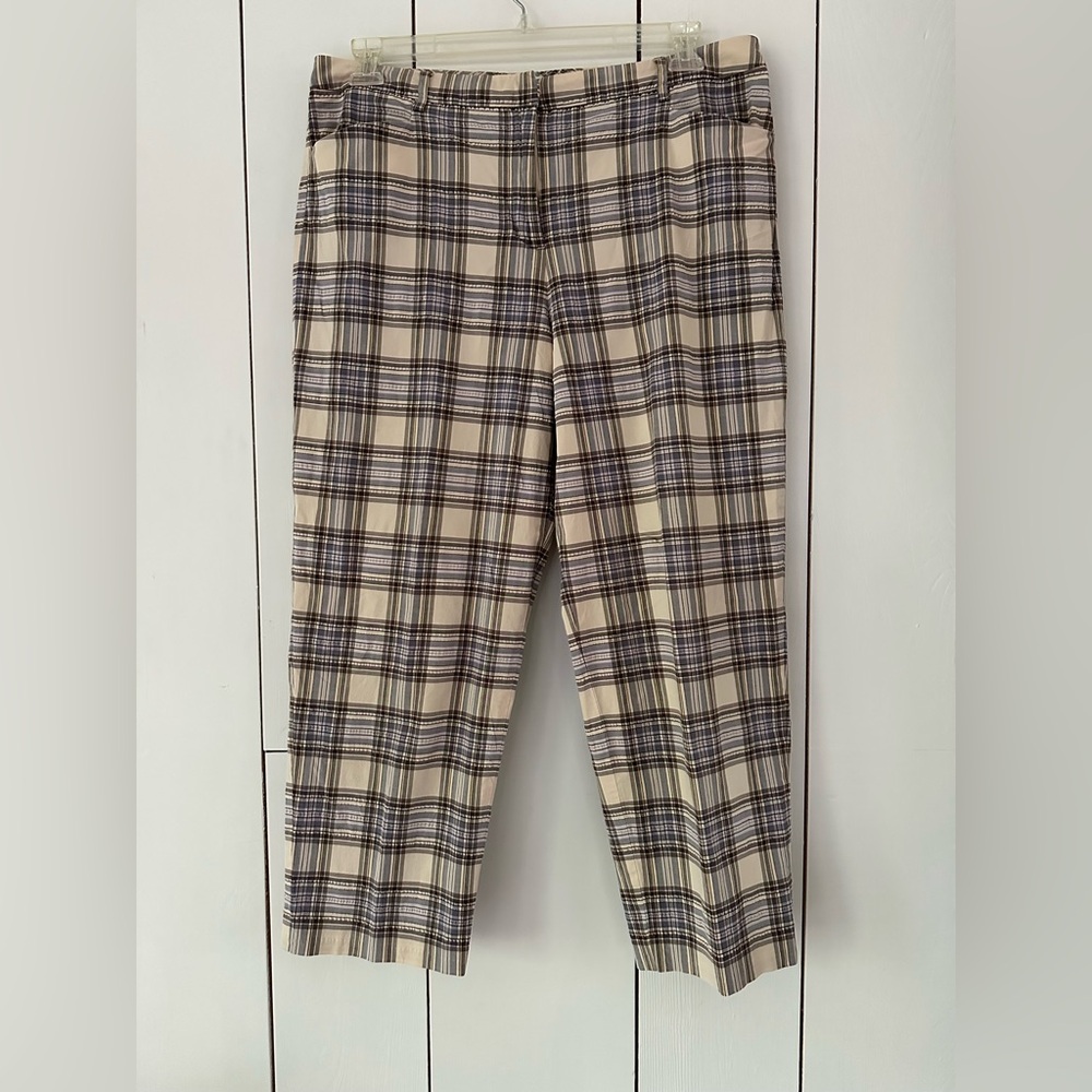 Vintage Plaid Check Stretch Pants Sz 14 Cream Lavender Preppy